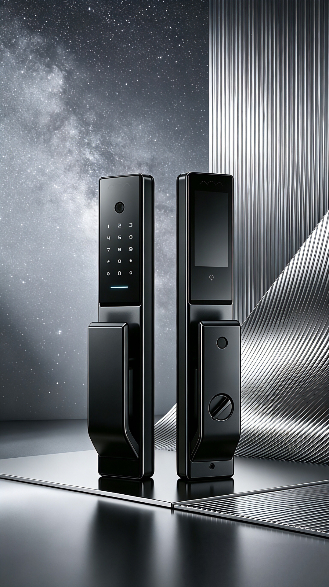 Kaden flagship smart door locks displayed against a cosmic metallic backdrop